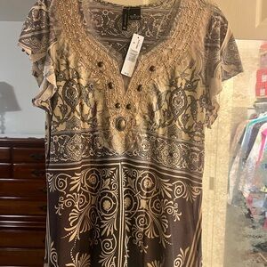 New Directions Brown and Cream Patterned Blouse